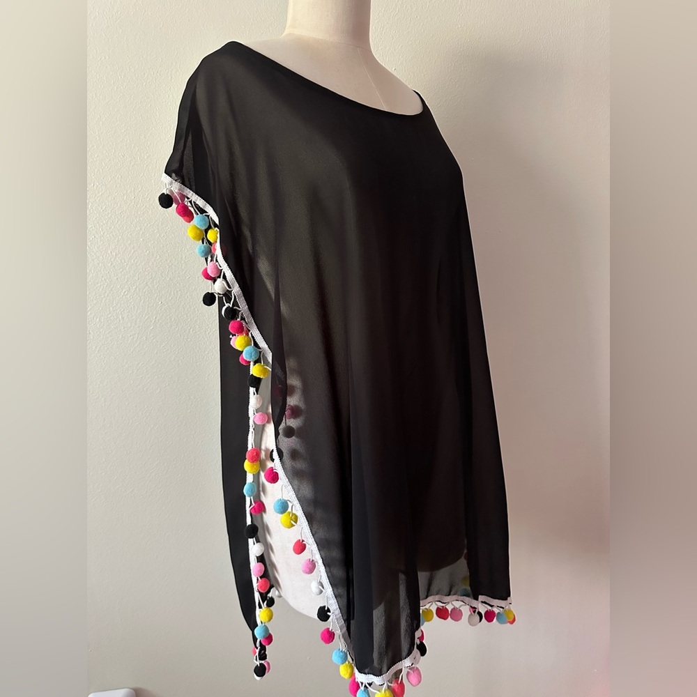 GD Key NWT women’s swim cover Sz S/M Black Sheer Scoop Neck with Pompom trim. - Picture 3 of 5